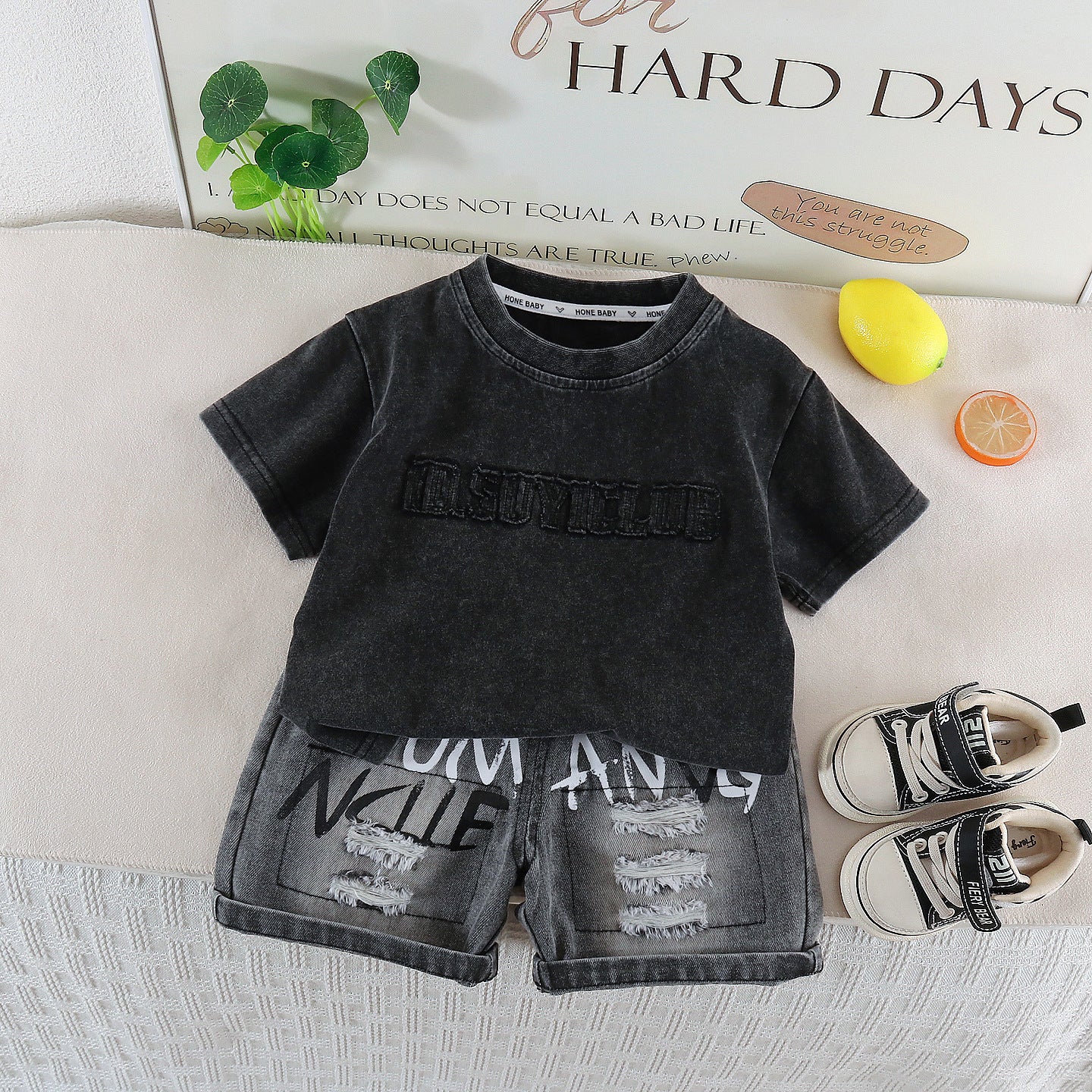 Embroidered letter top and shorts set on chest