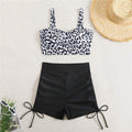 Leopard stripe drawstring high waist flat angle bikini