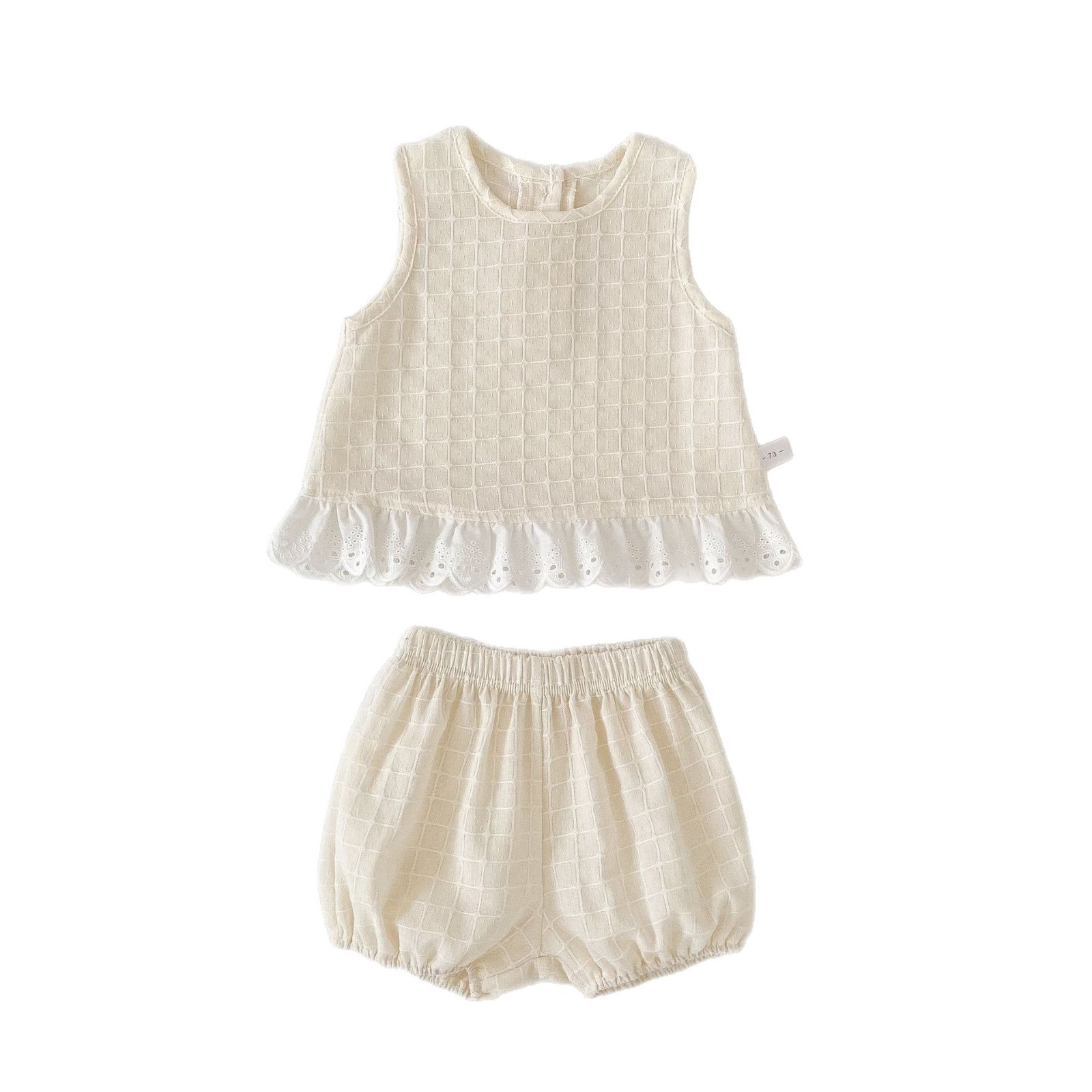 Chic Baby Girl Summer Outfit Set with Checkered Lace Sleeveless Top and Bloomer Shorts Two-Piece Set