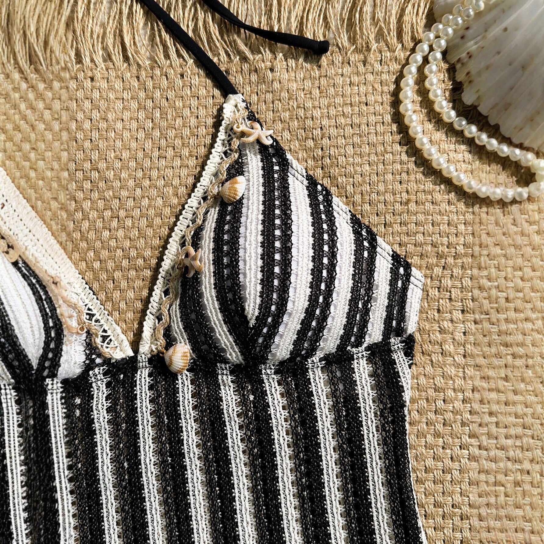 Black and white striped shell decoration hanging neck bikini swimsuit for women