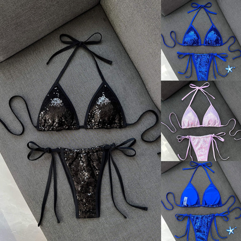 Blue sequined bikini women's triangular cup hanging neck strap sexy swimsuit set