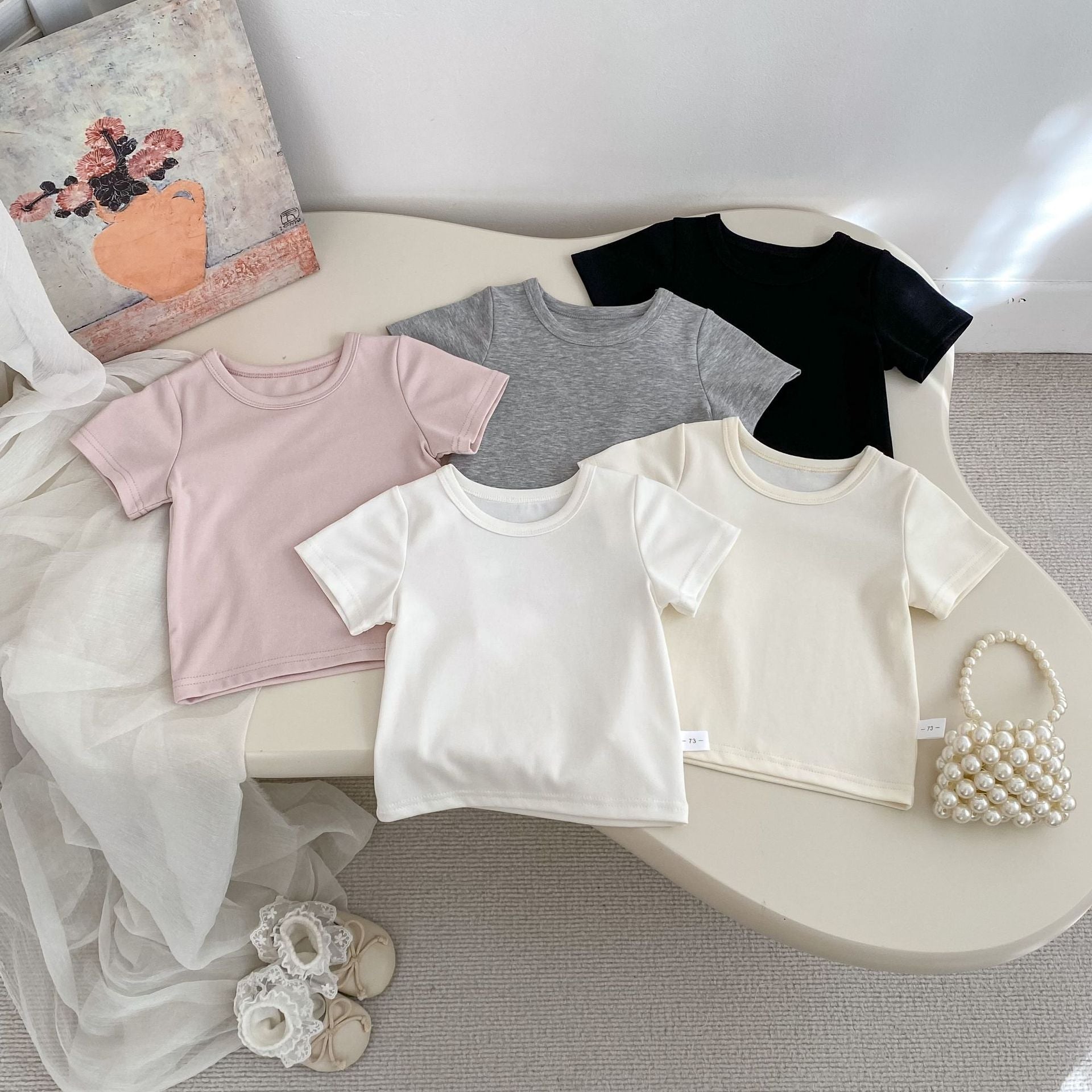Casual Solid Color Round Neck Short Sleeve T-Shirt for Kids Boys and Girls