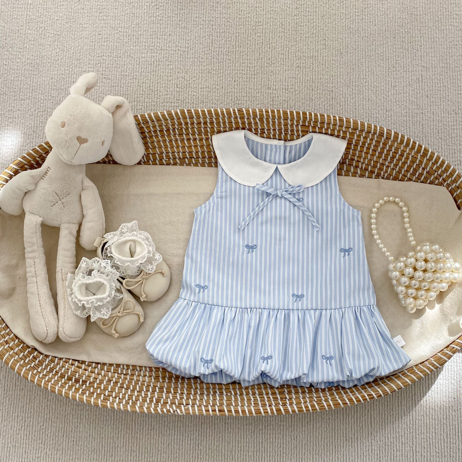 Cute Striped Sleeveless Dress with Bow Embroidery and Bloom Style for Girls, School Style Casual Dress