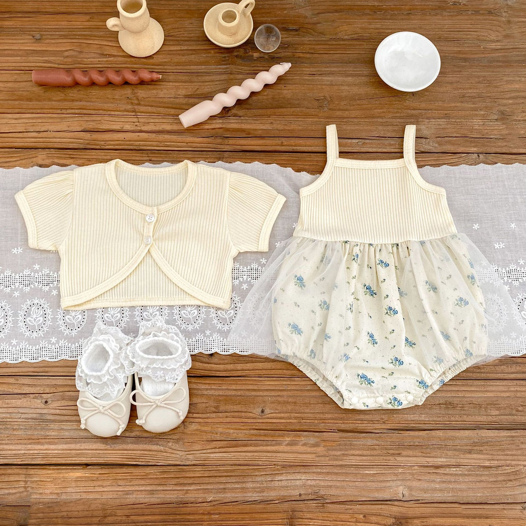 Summer Baby Girl Floral Strap Romper Dress Lightweight Mesh Onesie Bodysuit + Detachable Small Jacket