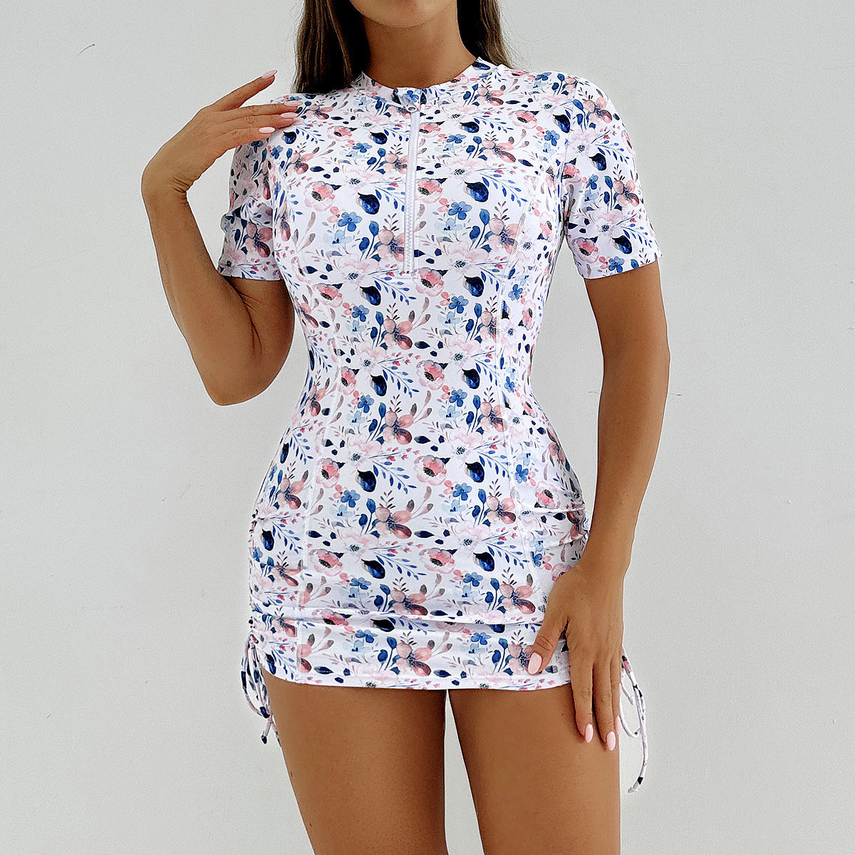 Tight Fit Swimwear with Zipper and Printed Short Sleeve Bikini One-Piece Swimsuit with Brief Bottoms