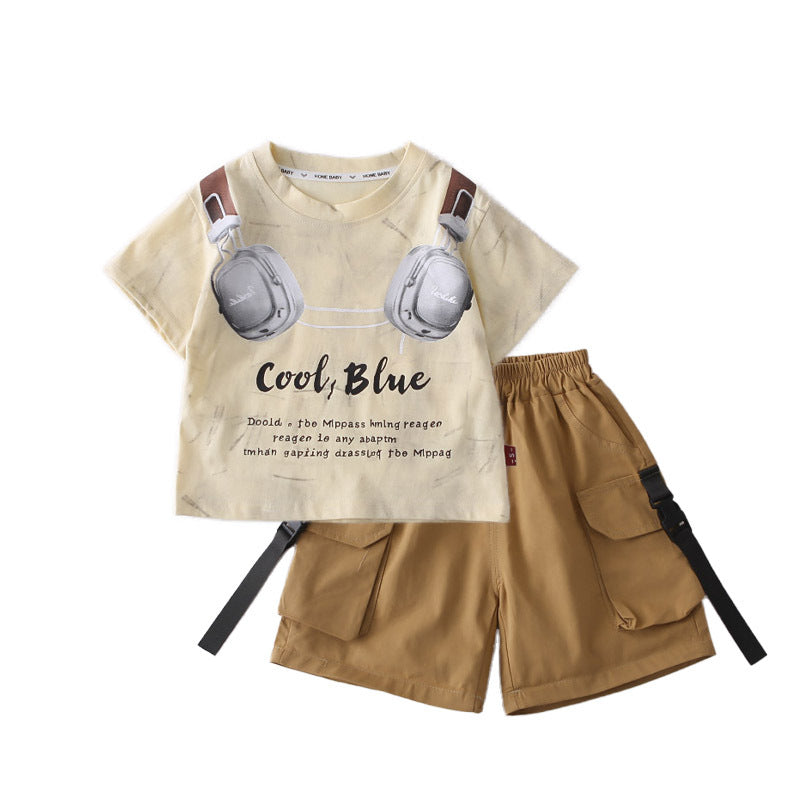 Round neck headphones letter short sleeved shirt, shorts set