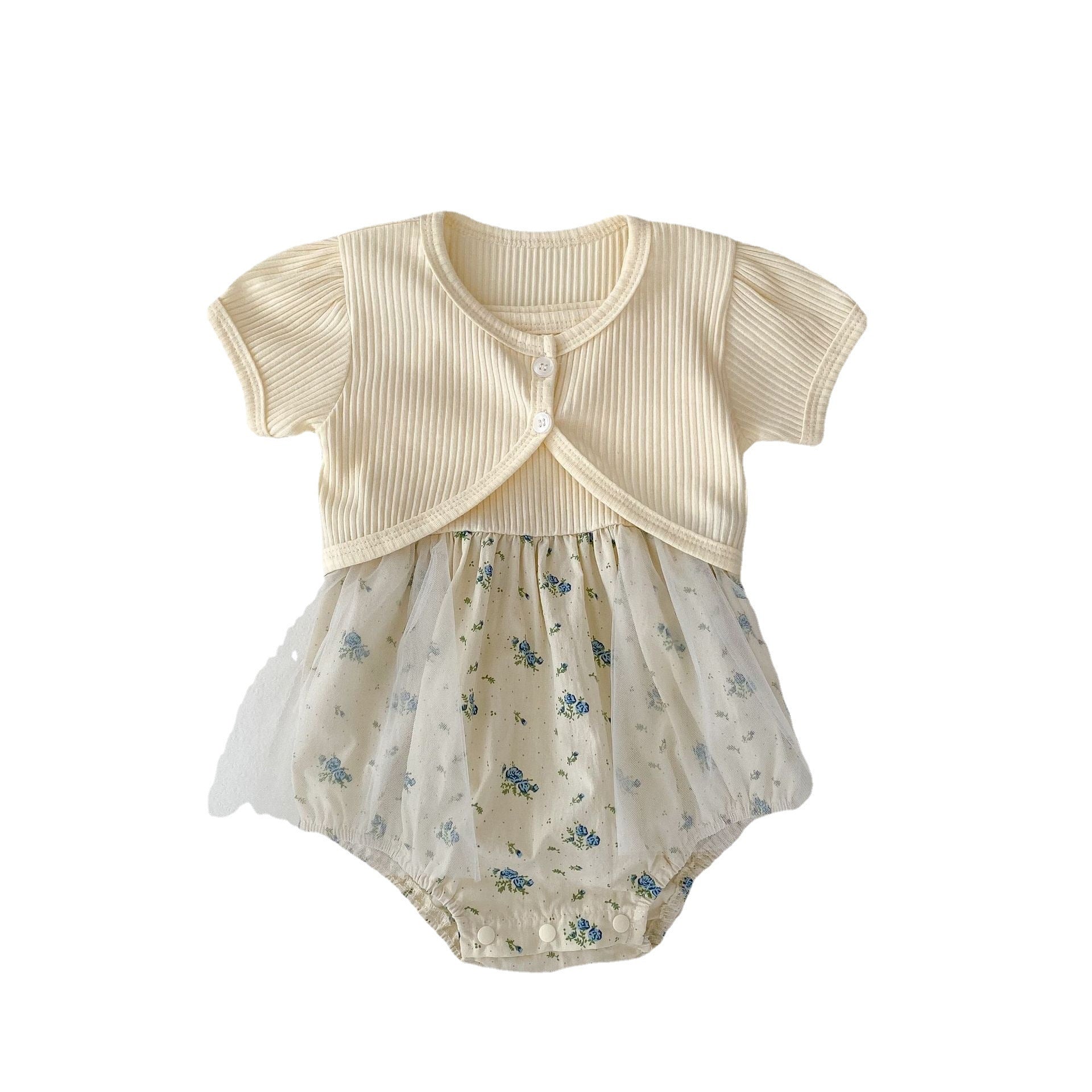 Summer Baby Girl Floral Strap Romper Dress Lightweight Mesh Onesie Bodysuit + Detachable Small Jacket
