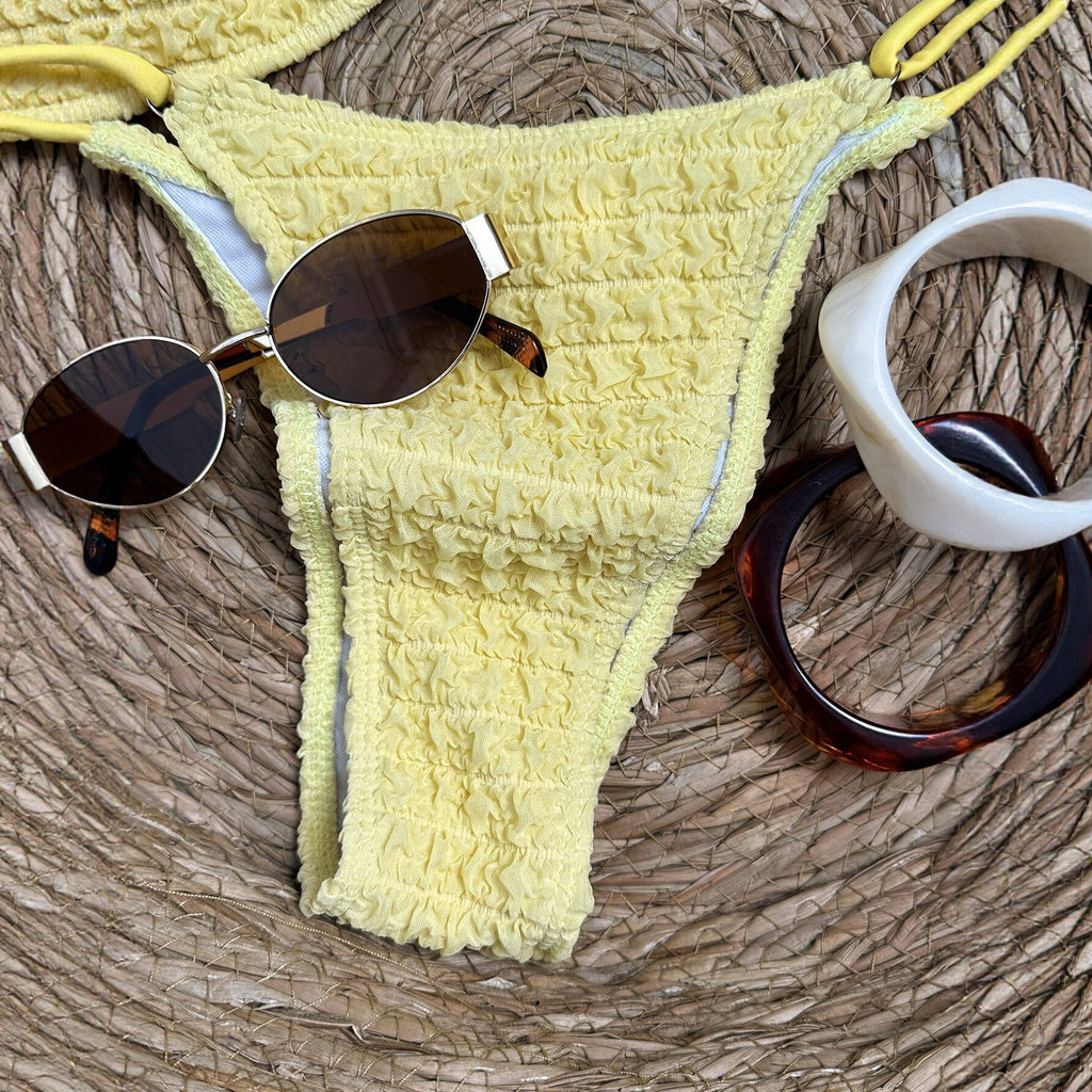 Yellow pleated bikini women's triangular cup swimsuit
