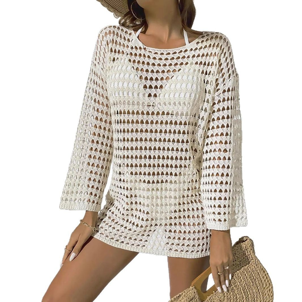 Sexy Knit Hollow Out Pullover Round Neck Long Sleeve Bikini Swimwear Cover-Up