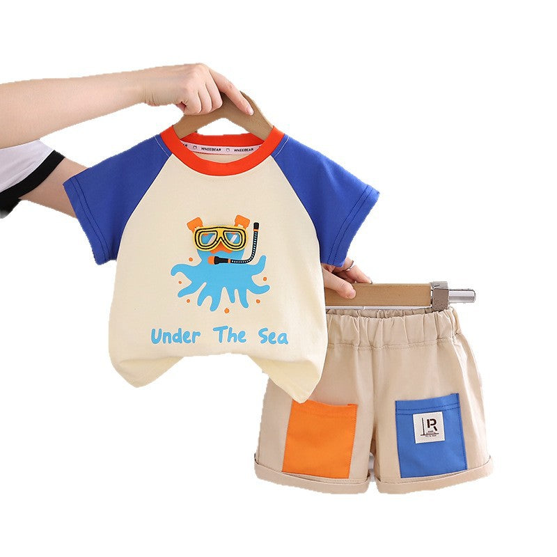 Diving octopus print round neck short sleeved top and shorts set