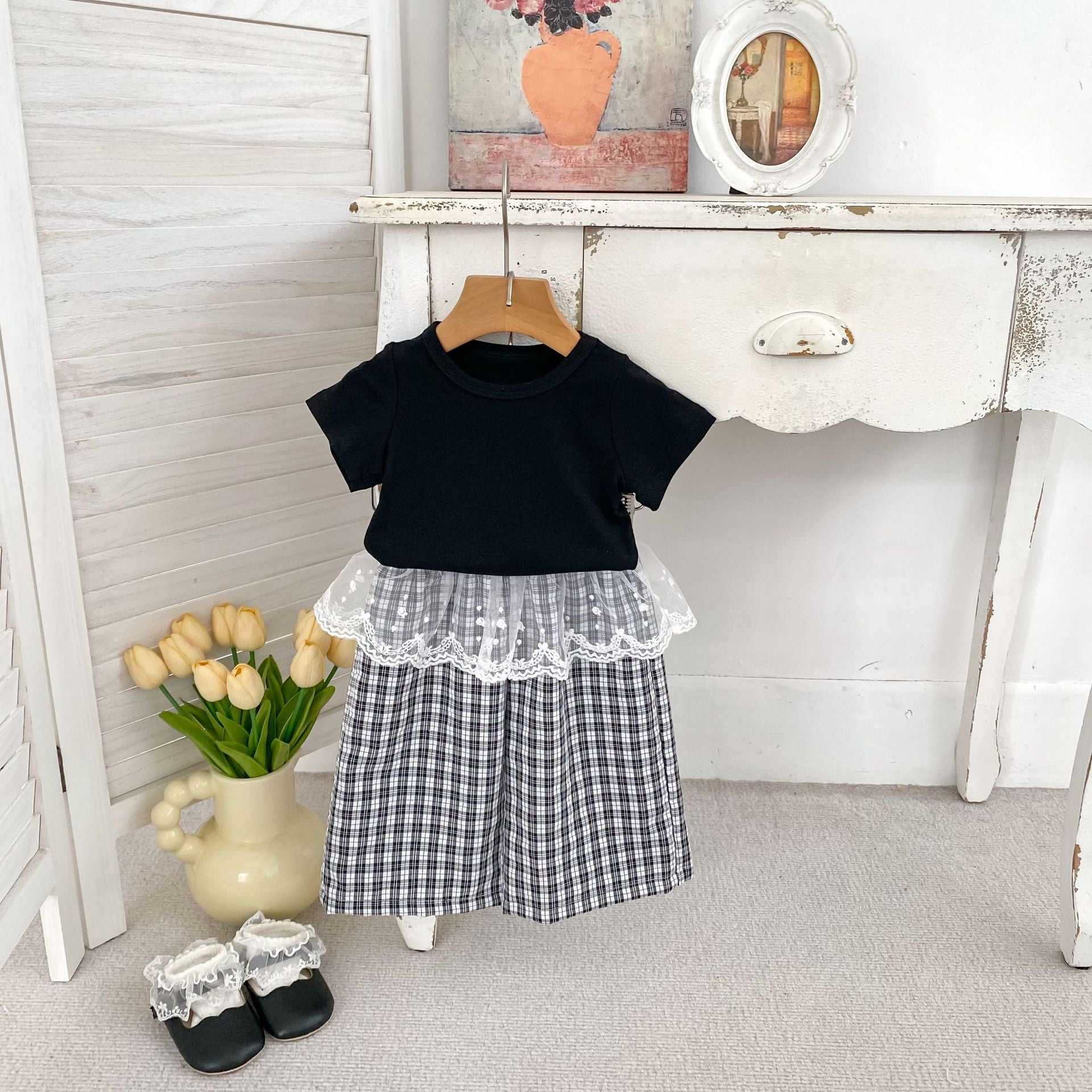 Girls' Summer Lightweight Breathable Wide-Leg Pants with Lace Trim, Three-Color Plaid, Bow Detail, Versatile 9/10th Length Trousers
