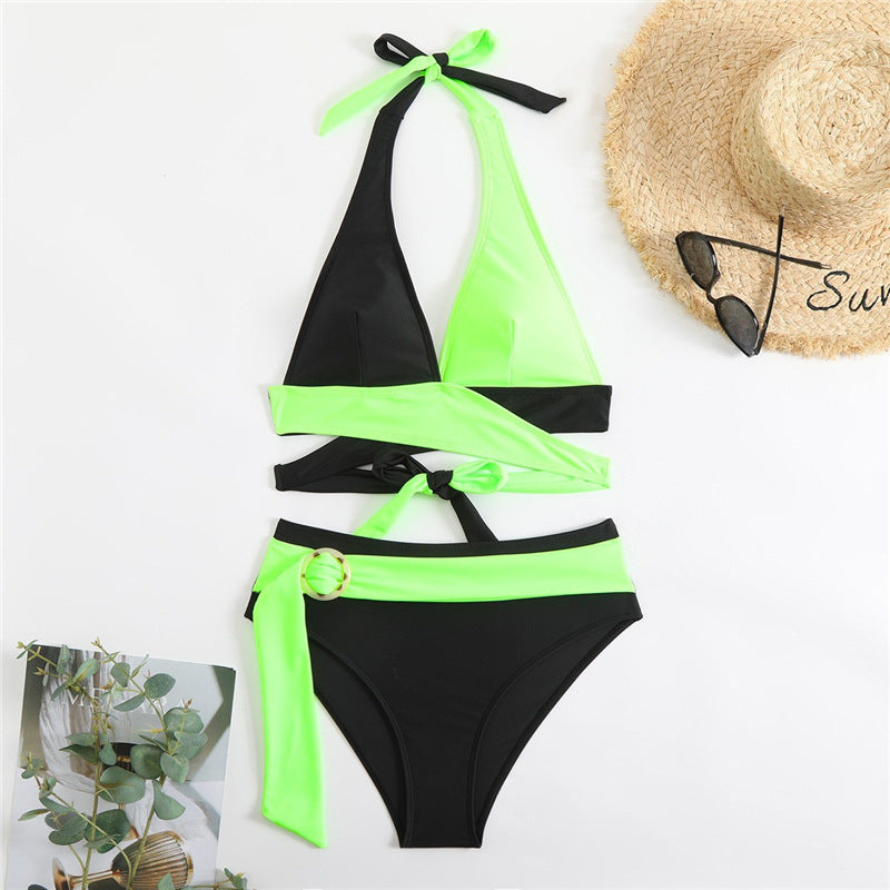Color blocked deep V-strap colorful bikini