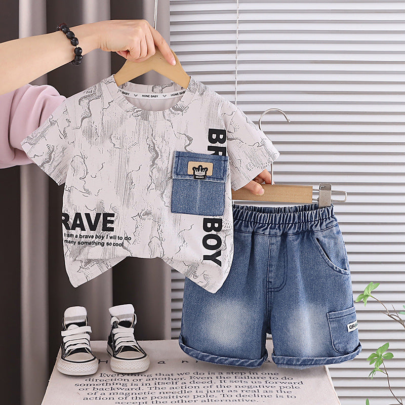 Round neck short sleeved top pocket jeans set