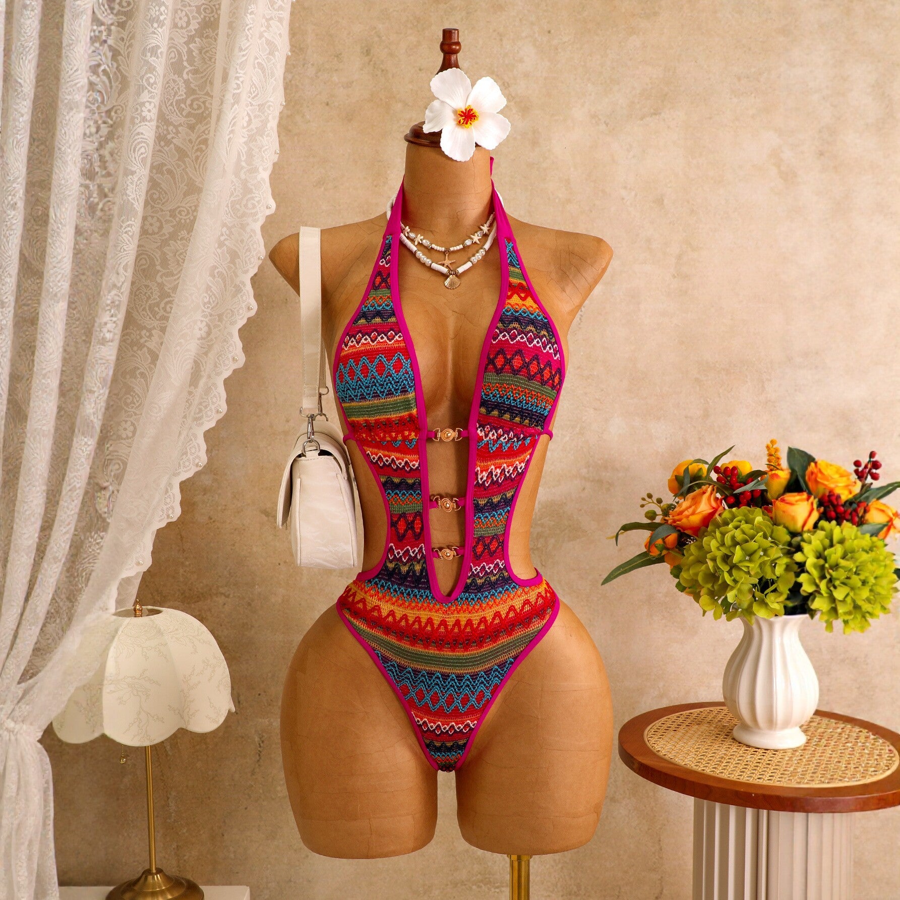 Colorful knitted one-piece swimsuit women's hollow strap bikini swimsuit