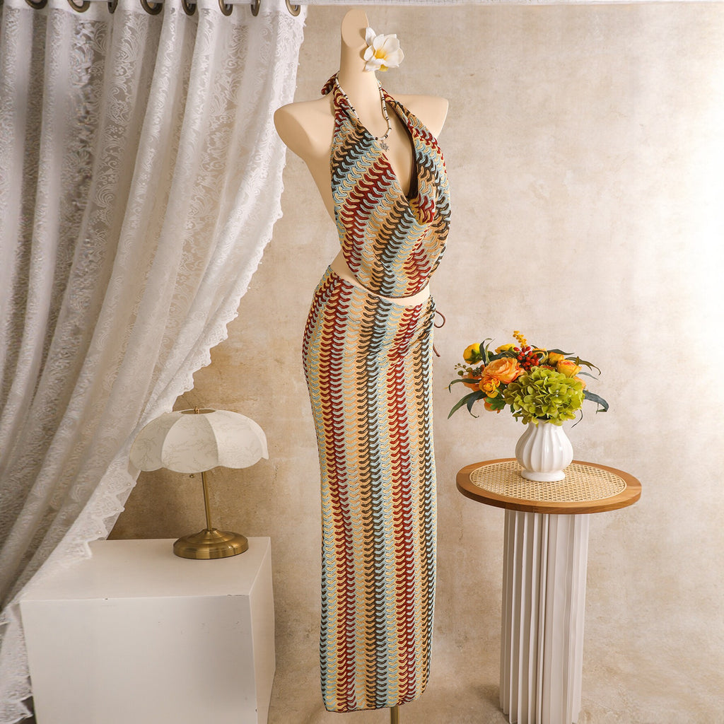 Knitted three piece swimsuit women's halter striped backless beach bikini swimsuit