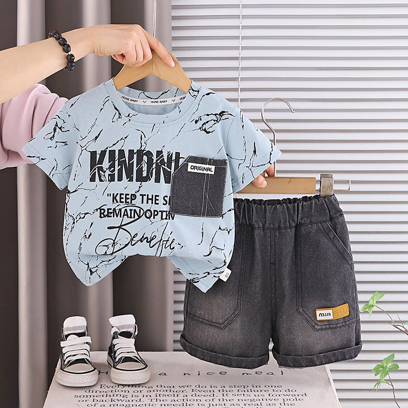 Short sleeved top denim pocket two-piece set