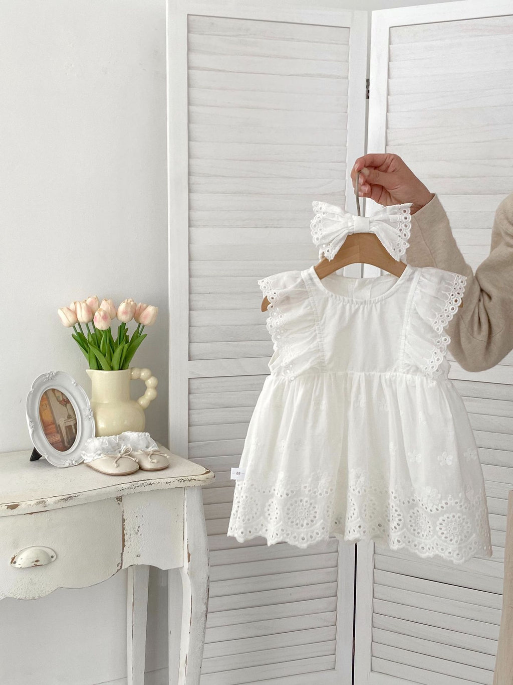 Cute Flutter Sleeve Baby Romper Dress for Girls, Summer Forest Style Infant Onesie with Hairband Included