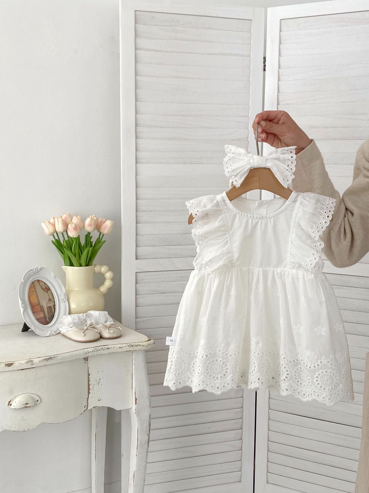 Cute Flutter Sleeve Baby Romper Dress for Girls, Summer Forest Style Infant Onesie with Hairband Included