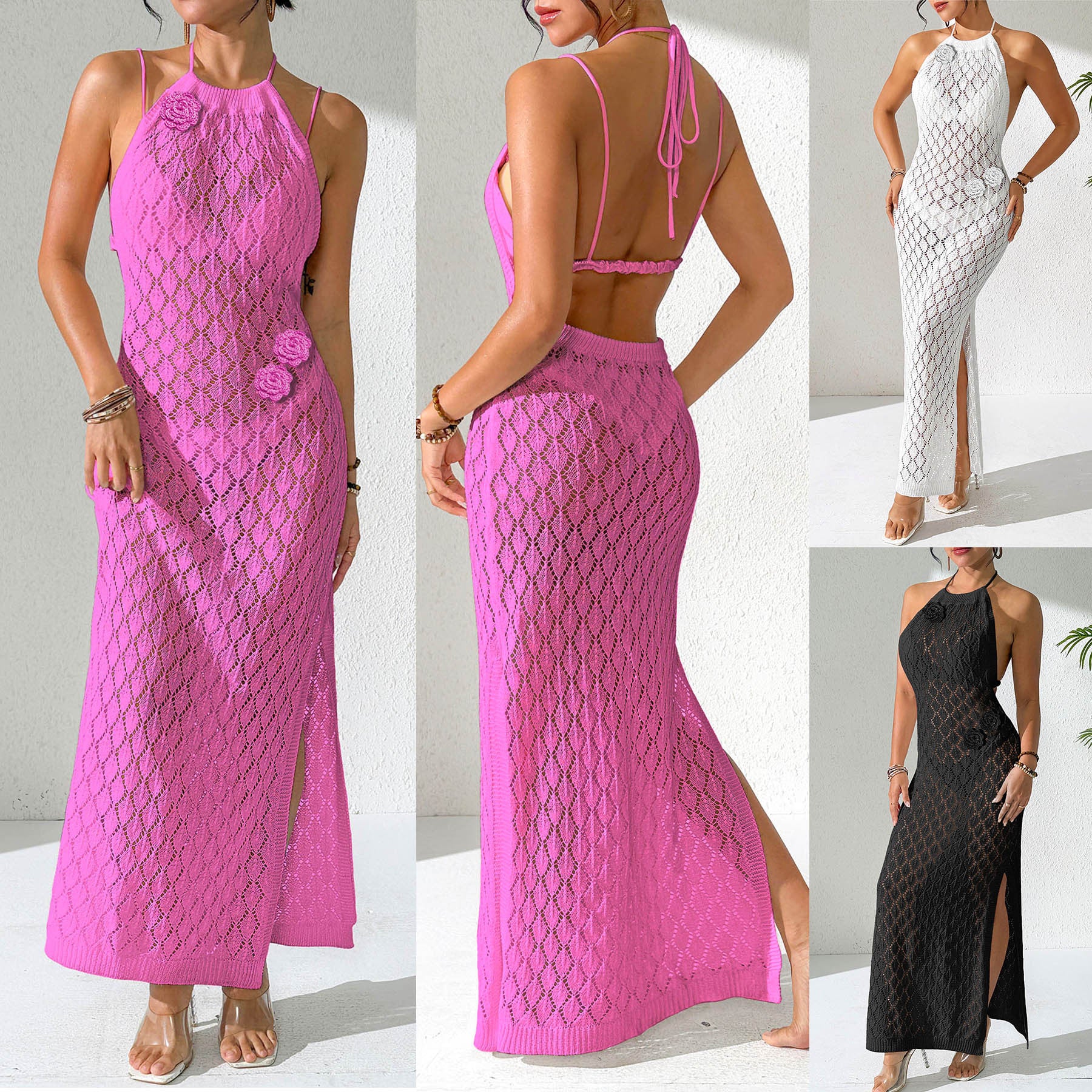 Hollow Out Cover-Up Sexy Backless Dress Hand-Crocheted Flower Spliced Strap Dress