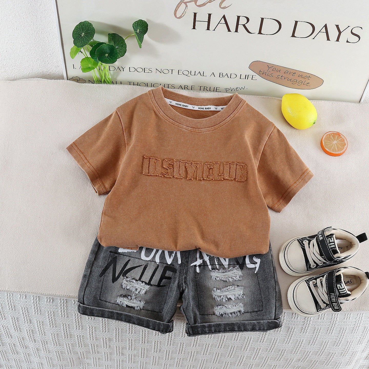 Embroidered letter top and shorts set on chest