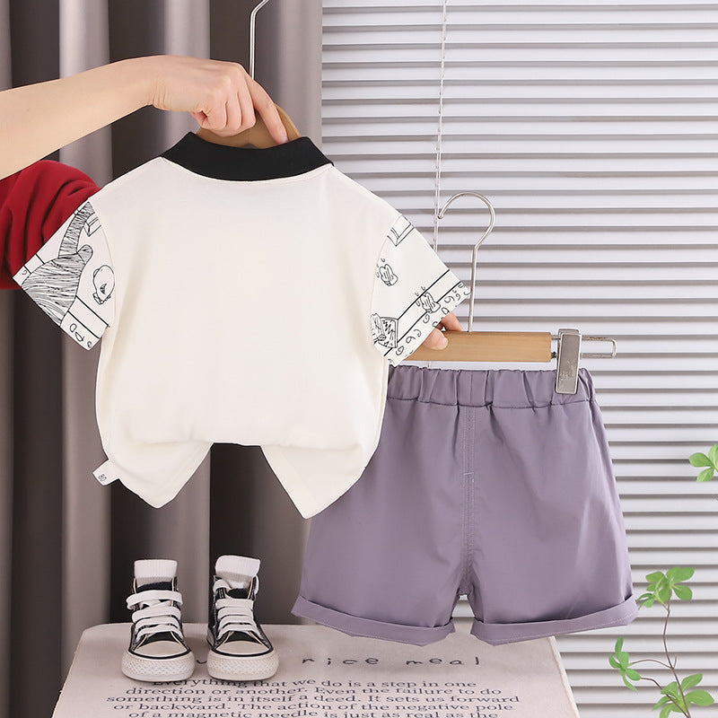 Collar graffiti short sleeved shirt shorts set