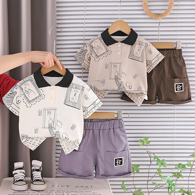 Collar graffiti short sleeved shirt shorts set