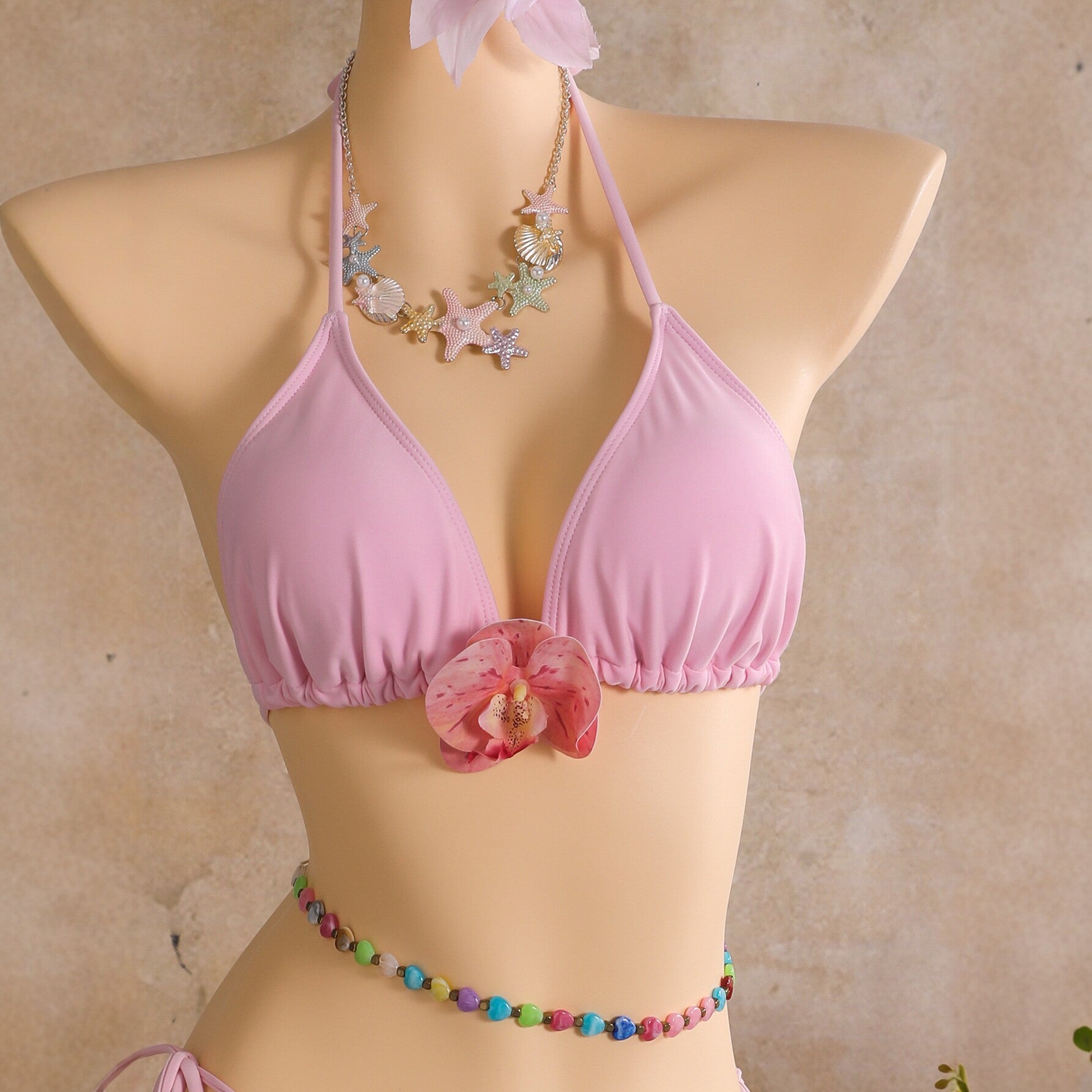 Pink three piece swimsuit women's neck hanging bikini beach vacation printed swimsuit