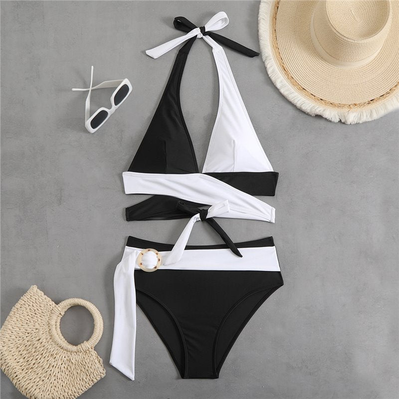 Color blocked deep V-strap colorful bikini