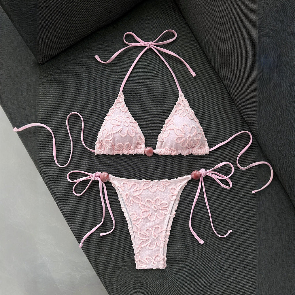 Pink lace bikini women's triangular cup neck strap swimsuit