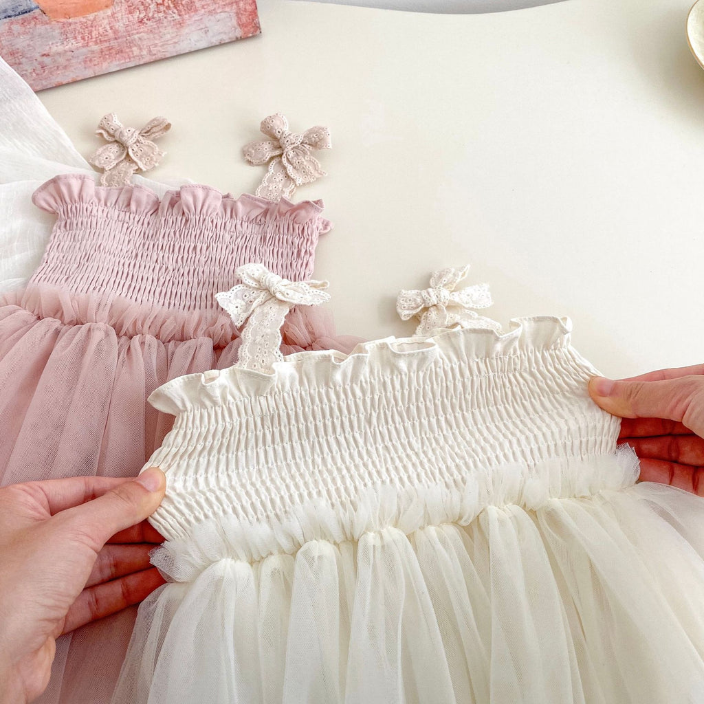 Cute Baby Girl Summer New Butterfly Bow Strap Bodysuit Infant 100-Day Celebration First Birthday Princess Tulle Dress Romper