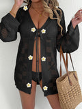 Long Sleeve Hollow Out  Bikini Cover-Up Tie Waist Beach Outerwear