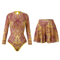 Long Sleeve Mesh One-Piece Swimsuit,  Russian Swimwear with Short Skirt Design