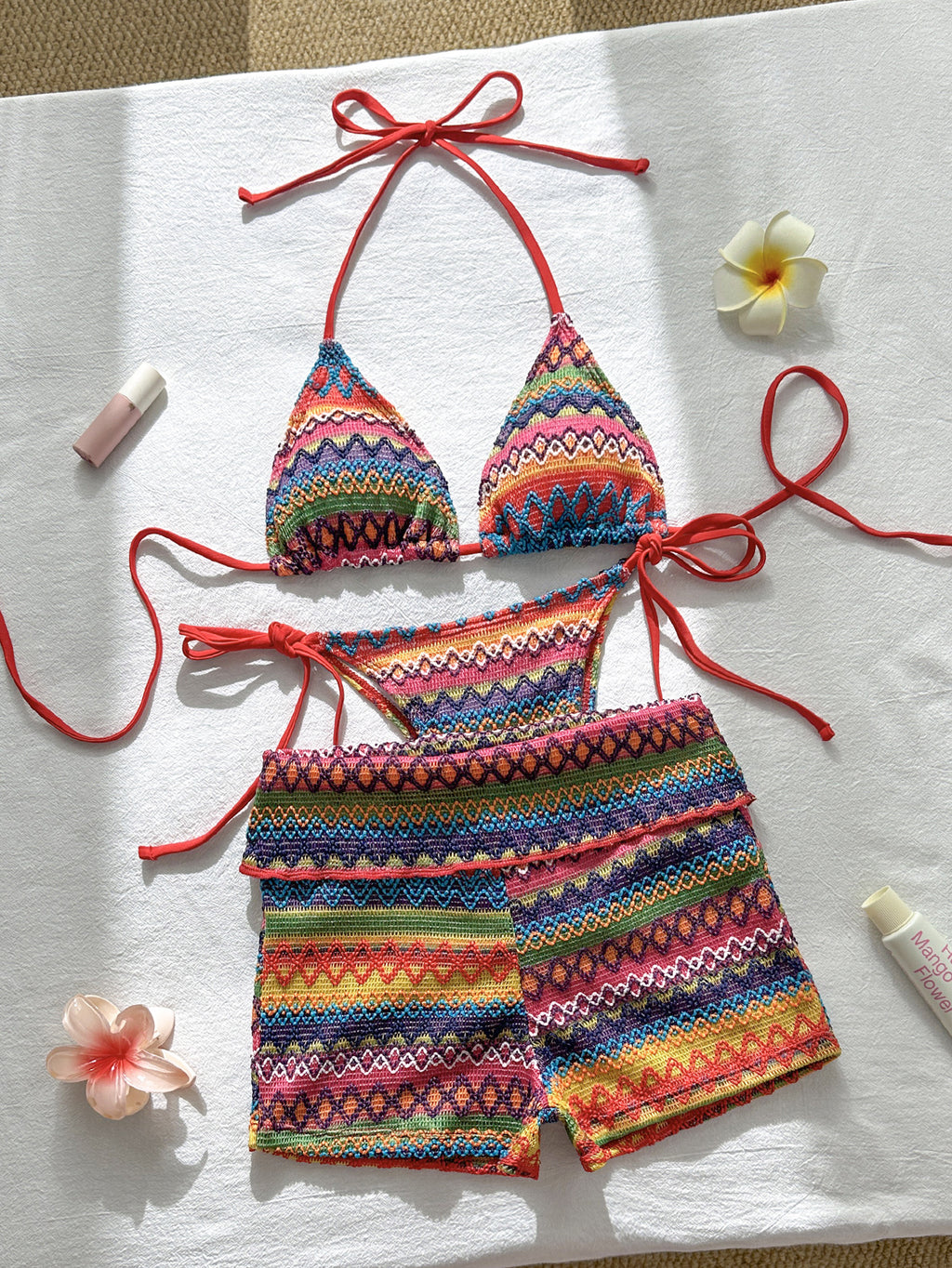 Knitted three piece swimsuit women's neck hanging colorful bikini swimsuit