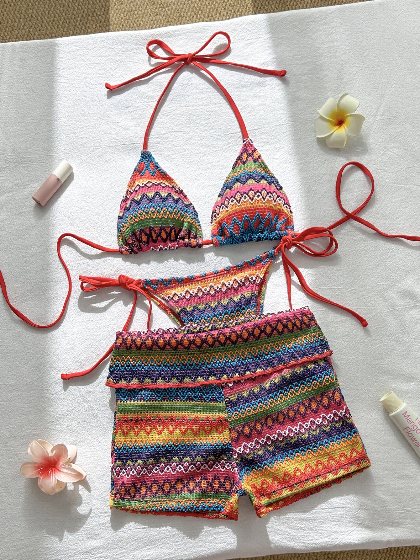 Knitted three piece swimsuit women's neck hanging colorful bikini swimsuit