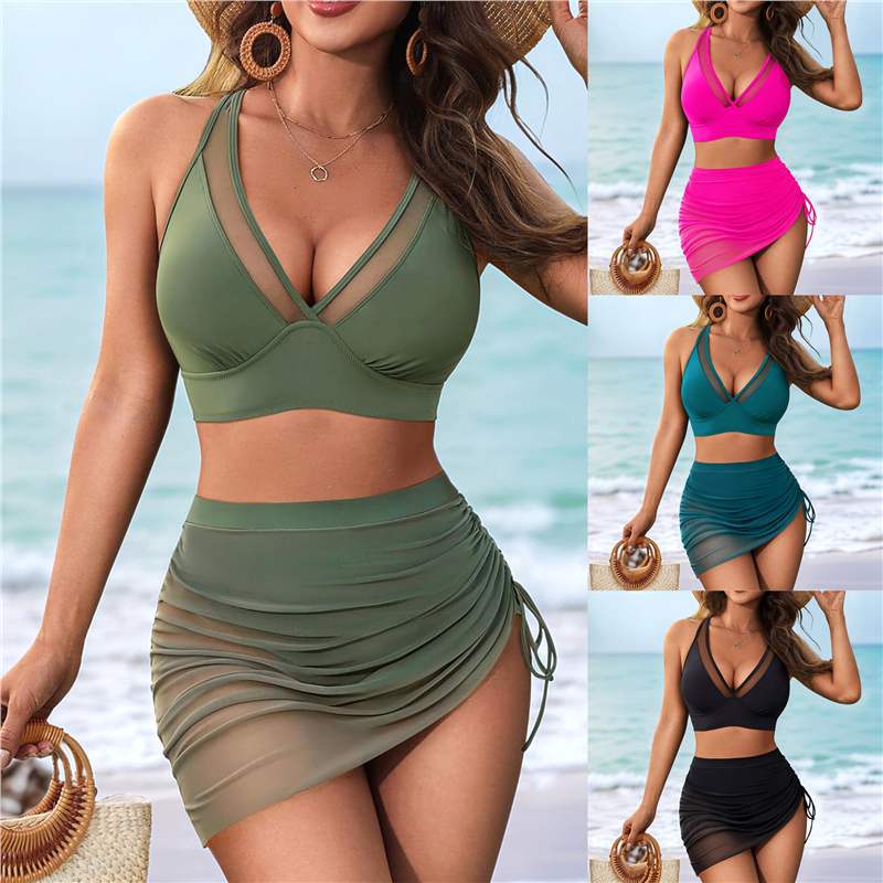 Mesh splicing drawstring split bikini