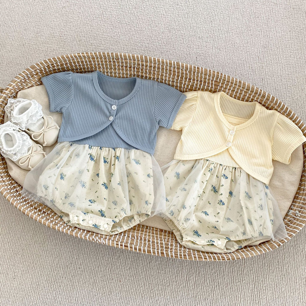 Summer Baby Girl Floral Strap Romper Dress Lightweight Mesh Onesie Bodysuit + Detachable Small Jacket