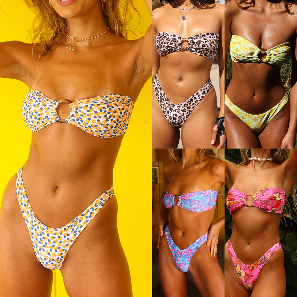 Three point strapless double-sided multi-color printed bikini