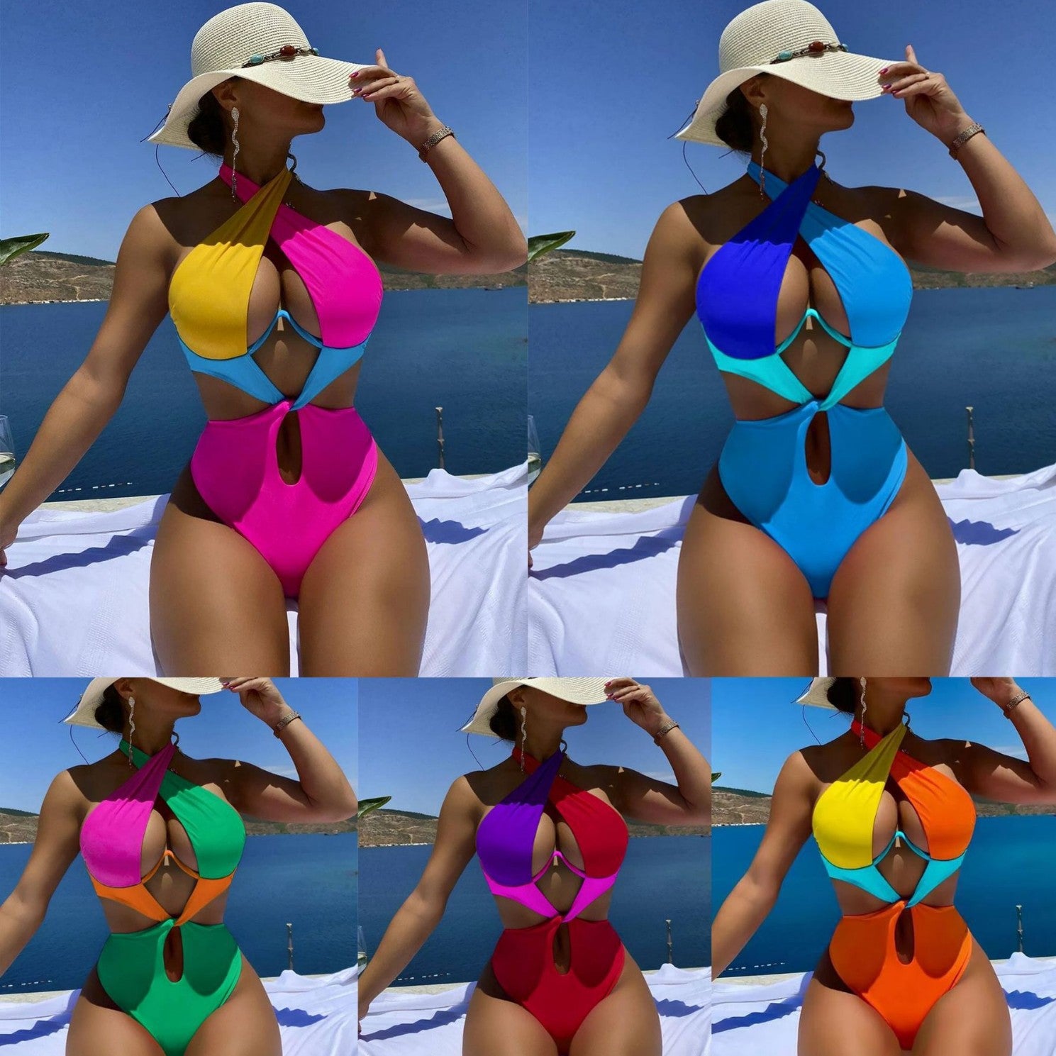 One piece splicing sexy multi-color swimsuit set sexy beach