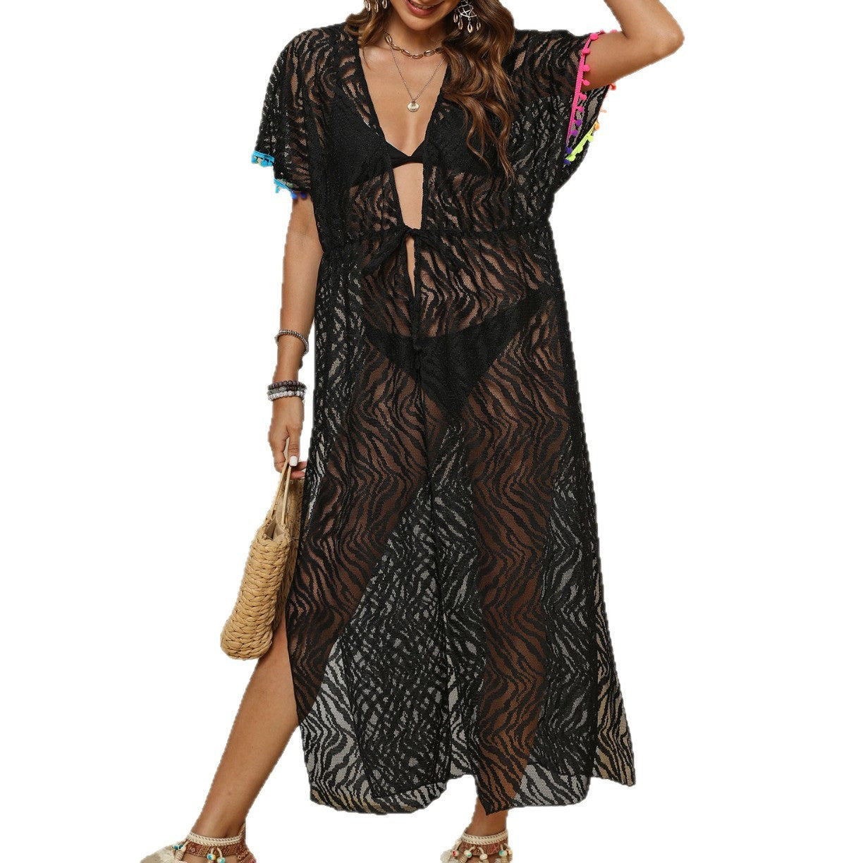 Sexy Deep V Transparent Lace Slimming Tie-up Beach Cover-Up
