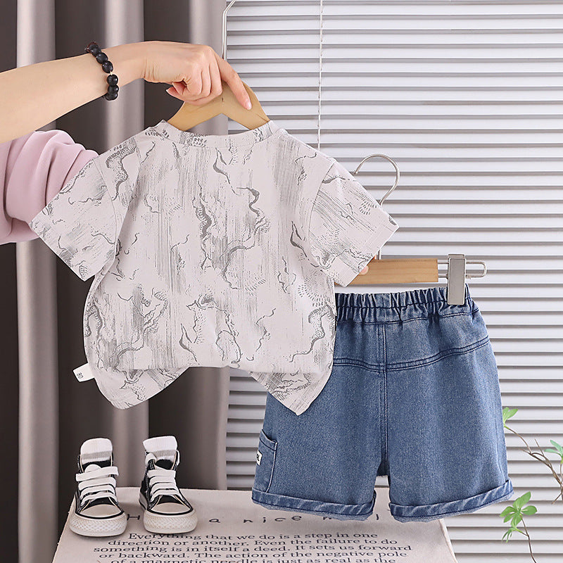 Round neck short sleeved top pocket jeans set