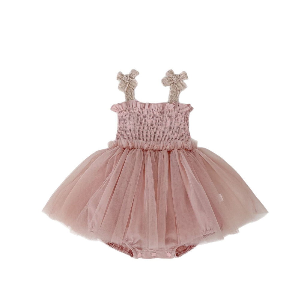 Cute Baby Girl Summer New Butterfly Bow Strap Bodysuit Infant 100-Day Celebration First Birthday Princess Tulle Dress Romper