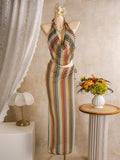 Knitted three piece swimsuit women's halter striped backless beach bikini swimsuit