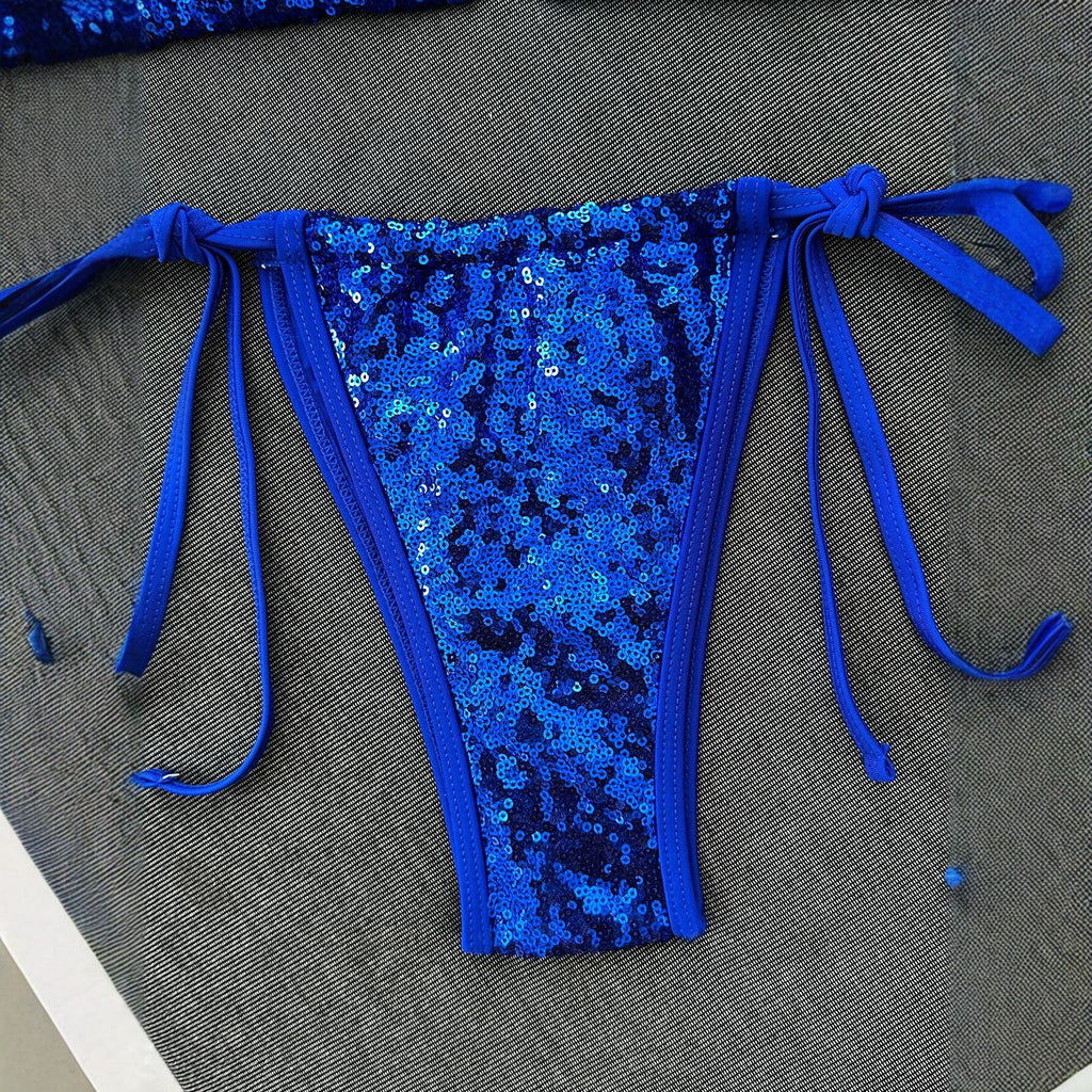 Blue sequined bikini women's triangular cup hanging neck strap sexy swimsuit set