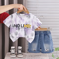 Short sleeved round neck top with denim pockets, two-piece set