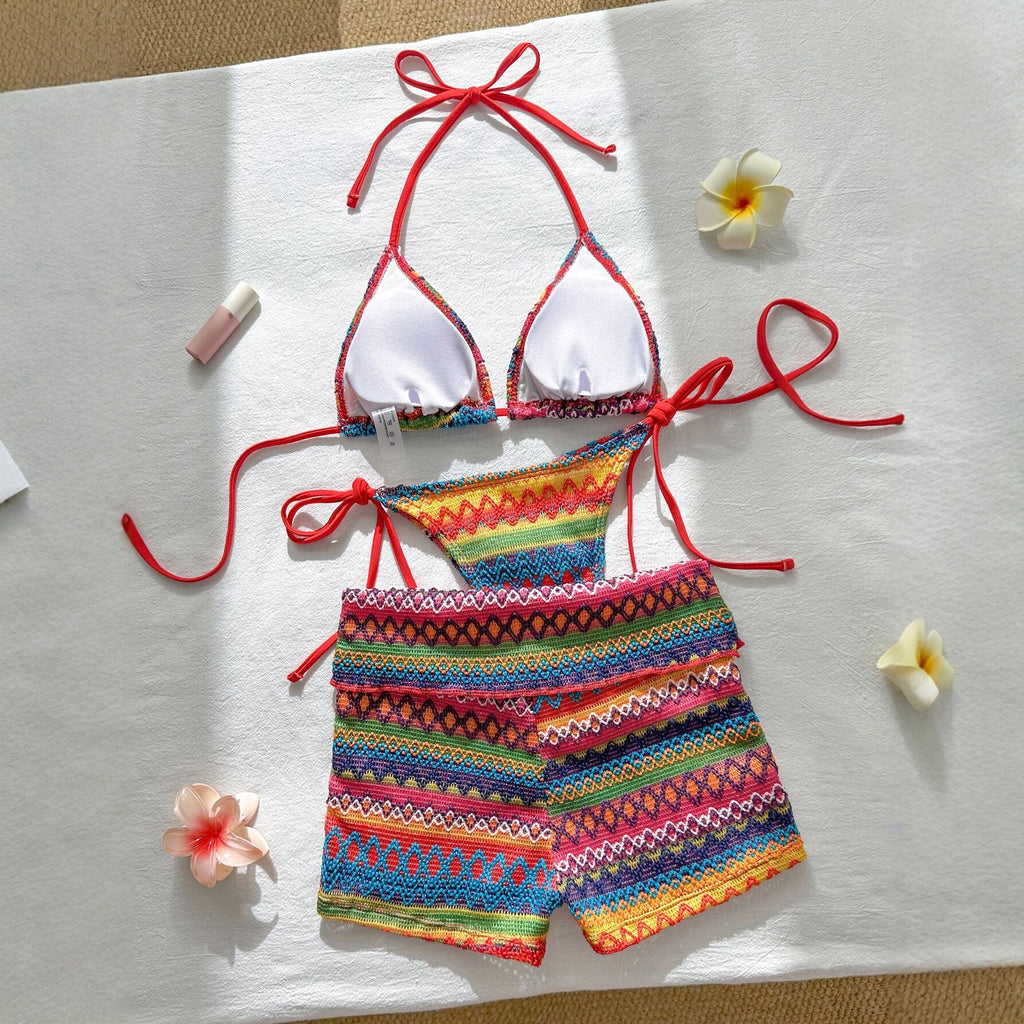 Knitted three piece swimsuit women's neck hanging colorful bikini swimsuit