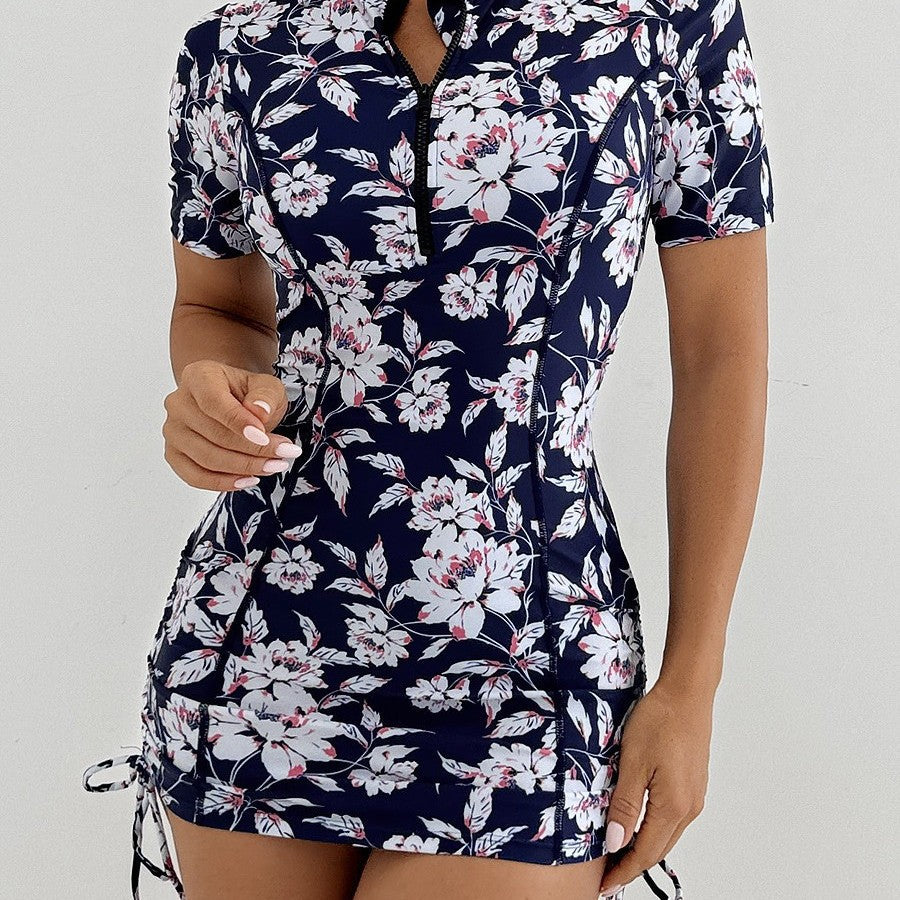 Tight Fit Swimwear with Zipper and Printed Short Sleeve Bikini One-Piece Swimsuit with Brief Bottoms