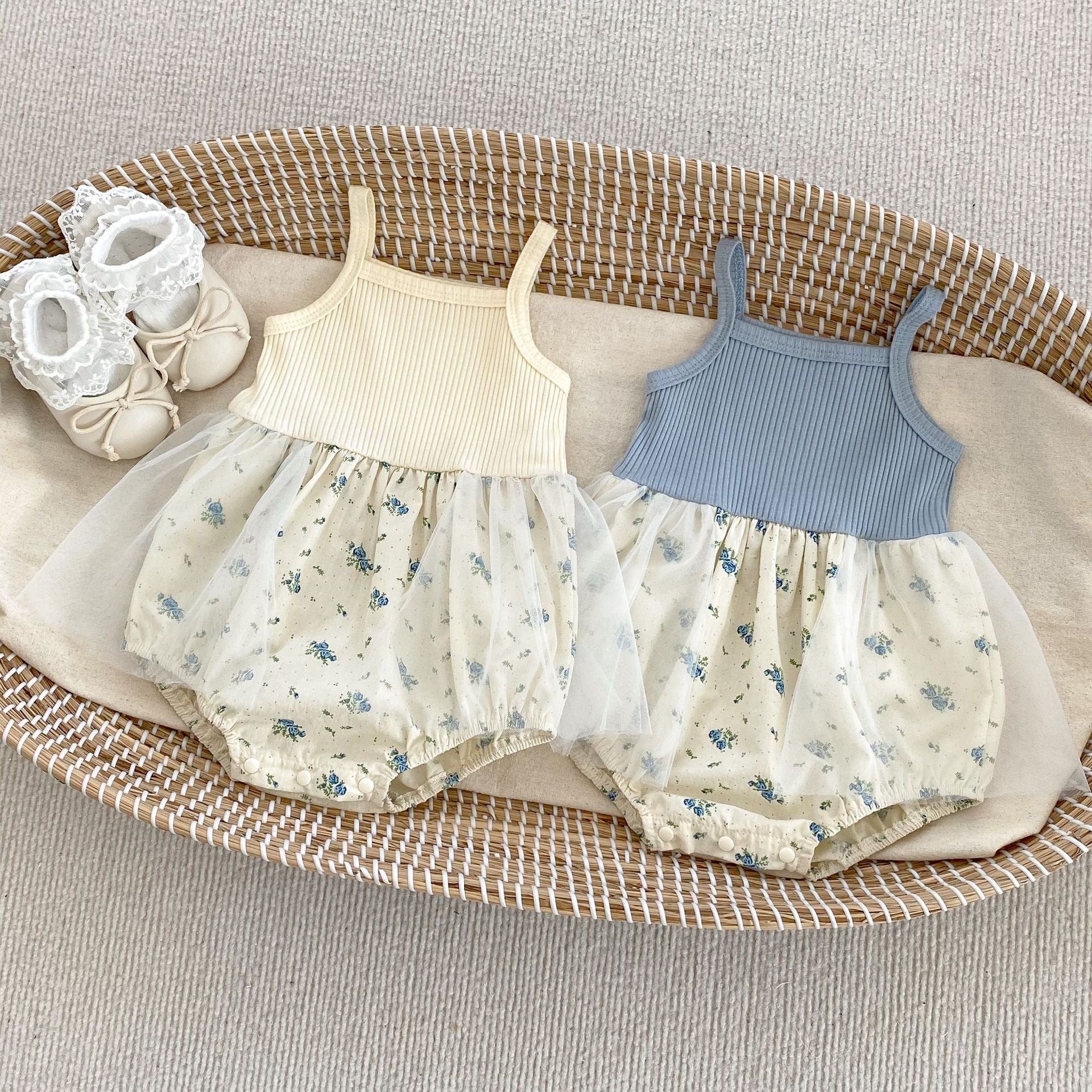 Summer Baby Girl Floral Strap Romper Dress Lightweight Mesh Onesie Bodysuit + Detachable Small Jacket