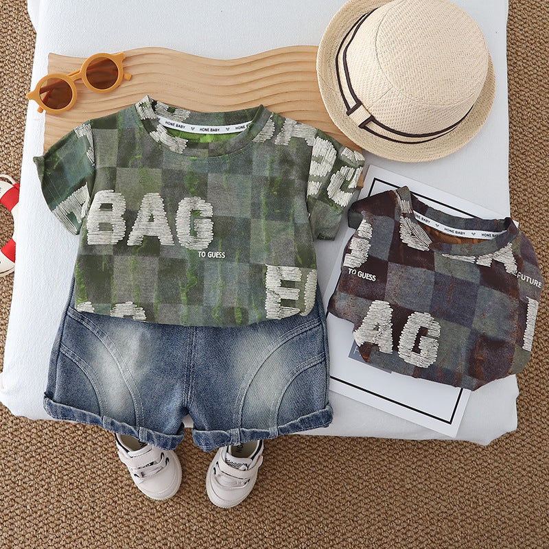 Checkered round neck top and shorts set