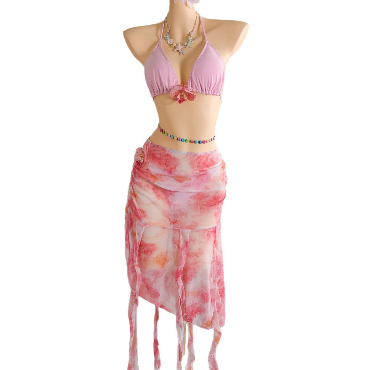 Pink three piece swimsuit women's neck hanging bikini beach vacation printed swimsuit