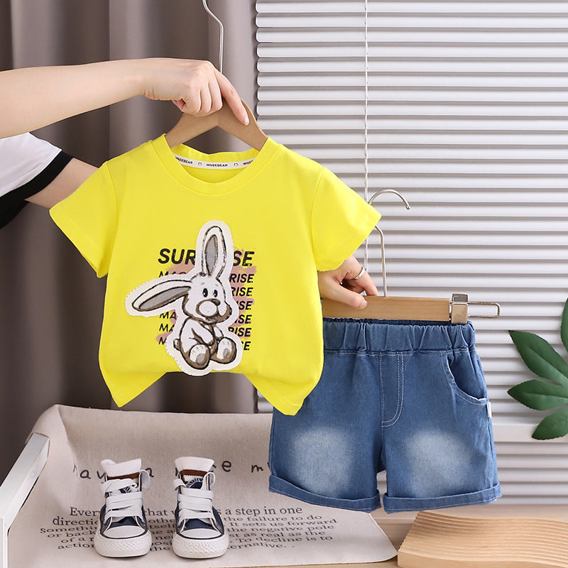 Rabbit print top denim shorts set
